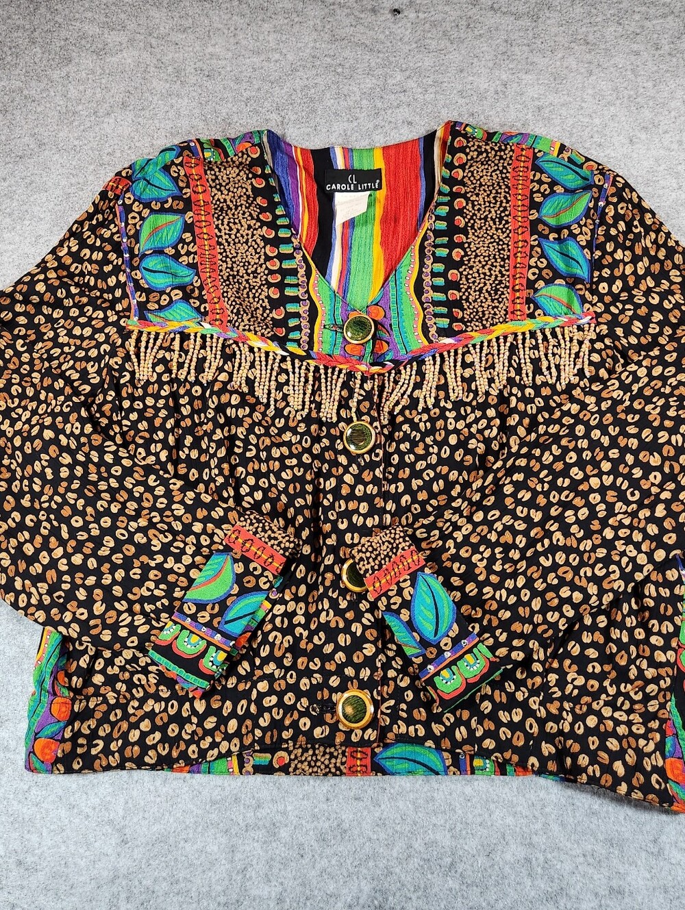 Carole Little Vintage Black & Multicolor Printed Fringe Blouse Size 12